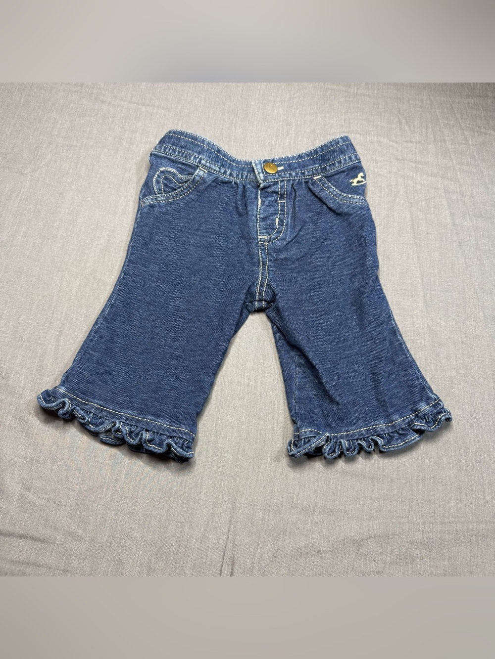 Y2K Faded Glory Dark Blue Ruffle Hem Girls' Knit Denim Capris